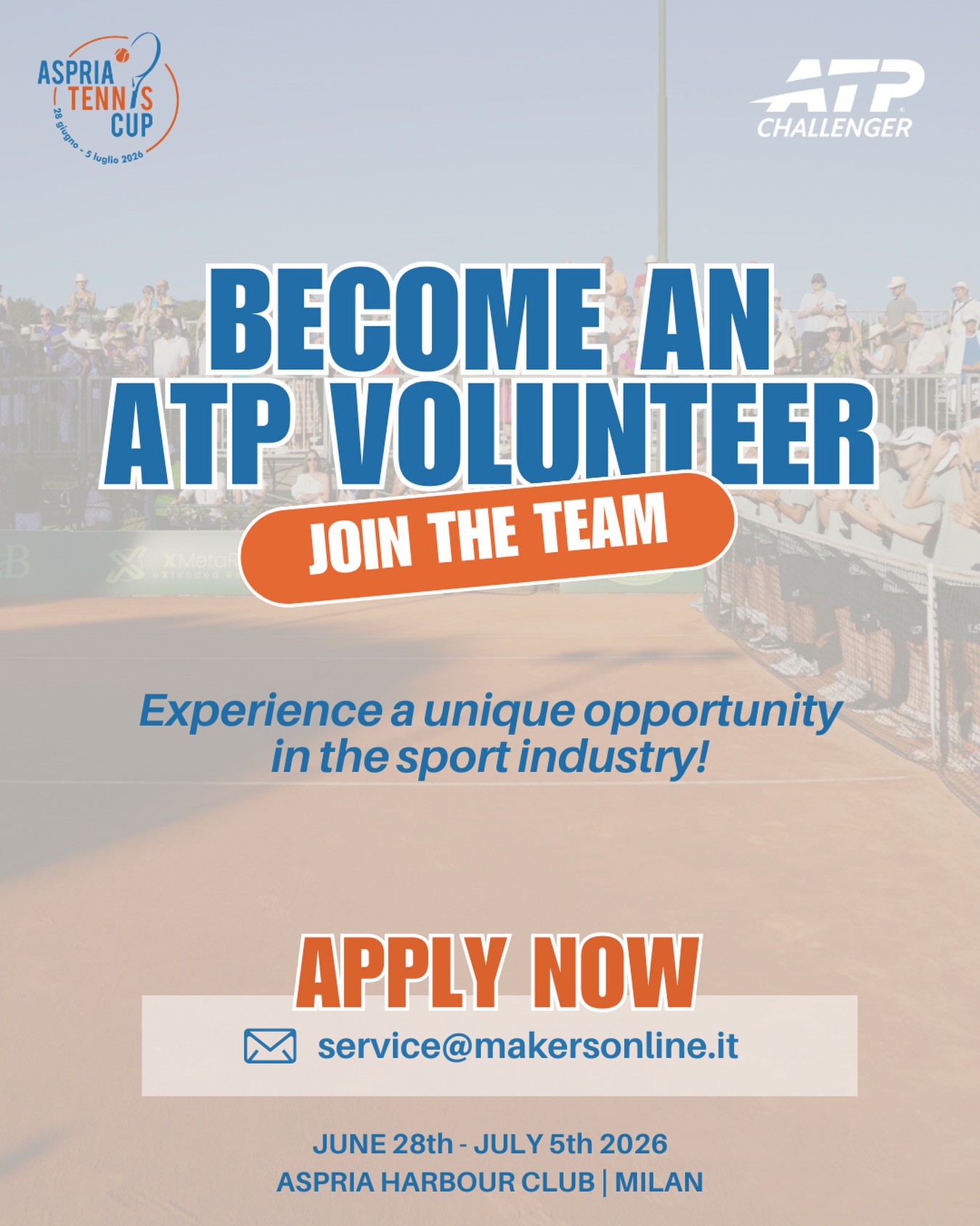 Join the volunteer team of the Aspria Tennis Cup and go behind the scenes of an international ATP tournament. This year marks the 20th edition, proudly organized by Makers Eventi and Aspria Harbour Club Milano. We’re looking for enthusiastic, reliable and team-oriented people who love sport and are ready to support different areas of the event. 

✨ Meet new people 
✨ Gain hands-on experience 
✨ Live the tournament like never before 
 Apply now!  📩 service@makersonline.it

-

Unisciti al team volontari dell’Aspria Tennis Cup e vivi un torneo ATP internazionale da dietro le quinte.
Quest’anno celebriamo la 20ª edizione, organizzata con orgoglio da Makers Eventi e Aspria Harbour Club Milano.
Cerchiamo persone entusiaste, affidabili e con spirito di squadra, appassionate di sport e pronte a supportare le diverse aree dell’evento.
✨ Conosci nuove persone ✨ Fai esperienza sul campo ✨ Vivi il torneo come non hai mai fatto prima
 📩 service@makersonline.it

#aspriatenniscup #tennistournament #tennis